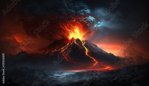 激しく噴火する火山と流れる溶岩：AI作品 