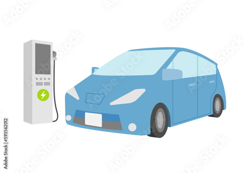 青い電気自動車と充電スタンドのイラスト_1