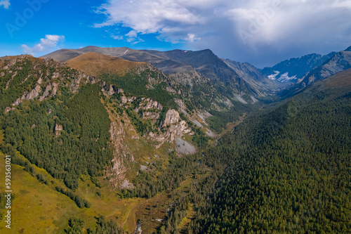 Aerial top view Summer Landscape beautiful forest mountains Altai photo