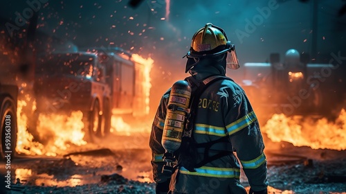 Fotografia The Heroic Firefighter Battling an Epic Blaze. Generative AI