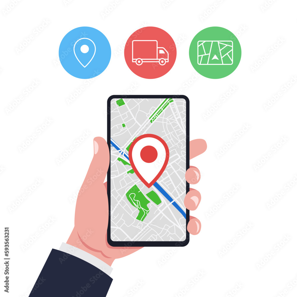 Hand holding smartphone smart phone with app delivery tracking and navigation icons. Vector. Hand holding smartphone smart phone with app delivery tracking and navigation icons. Vector.