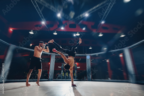 MMA Boxers fighters in fights without rules in ring octagon, motion blur, dark background © Parilov