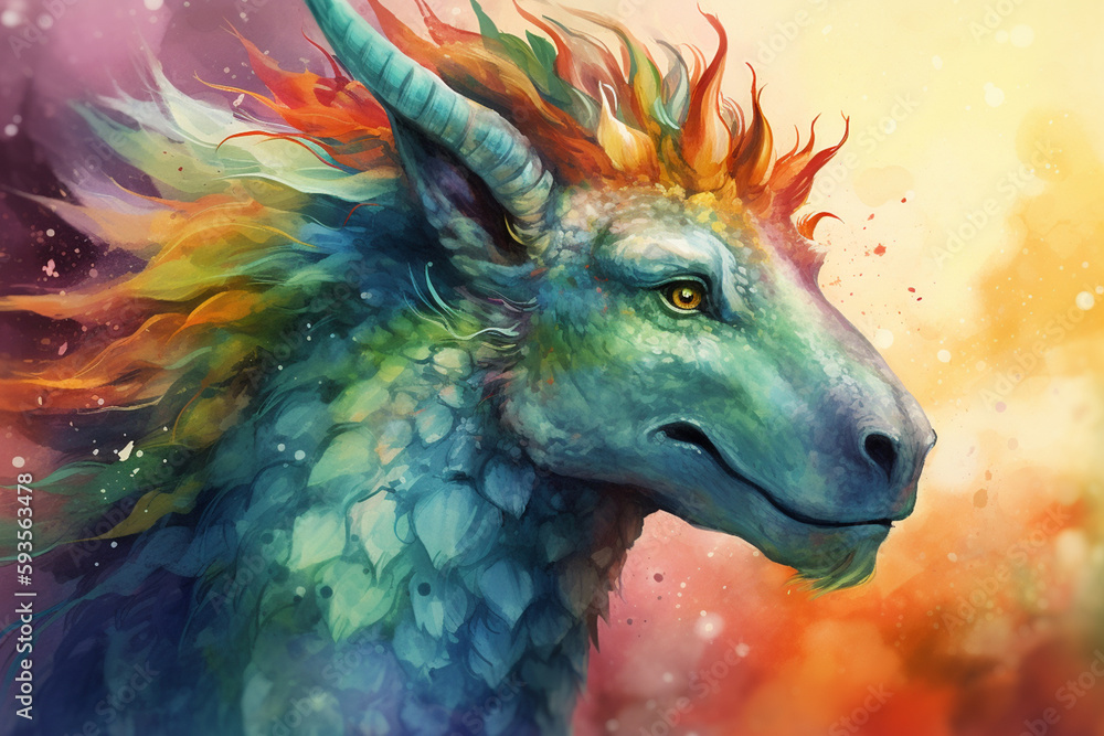 Rainbow Unicorn Dragon A Watercolor Painting of a Mythical Creature