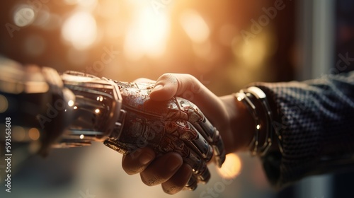 The Power of Partnership  Businessman and Robot Shaking Hands in a Symbolic Gesture of Collaboration. Generative AI