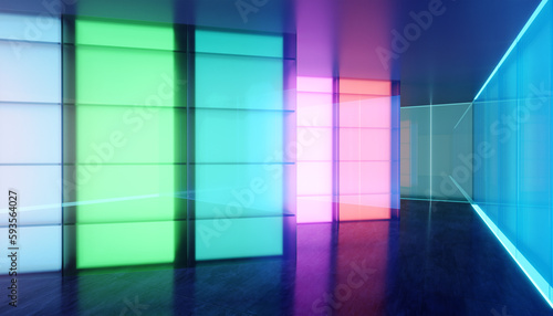 Colored gradient transparent glass wall and luminous glass billboard