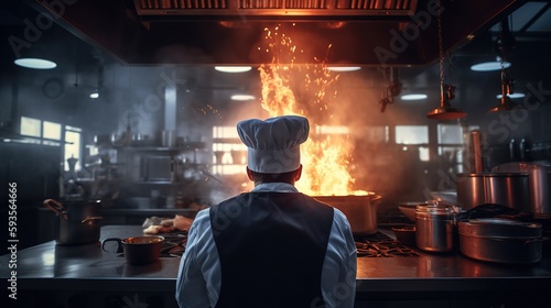The Master Chef in Action, Creating Culinary Magic Amidst Smoke and Flames in the Restaurant Kitchen. Generative AI