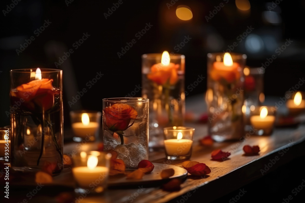 Romantic Table Setting With Glowing Candles. Generative AI Romantic Table Setting With Glowing Candles. Generative AI