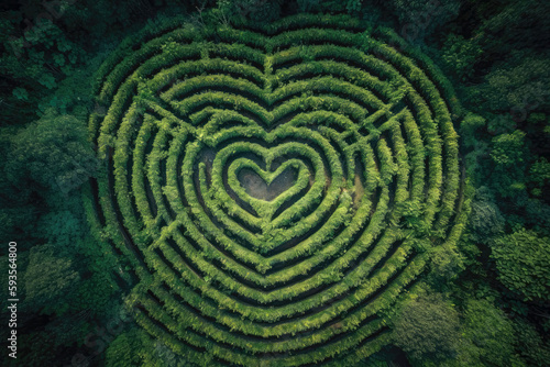 Green Heartshaped Labyrinth, Top View. Generative AI