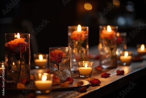 Romantic Table Setting With Glowing Candles. Generative AI
