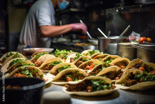 Tacos Defocused Chef In The Background. Generative AI photo