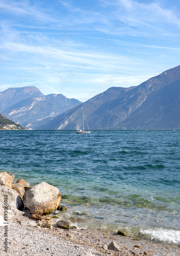 View of mountains and lake in Limone sul Garda Italy