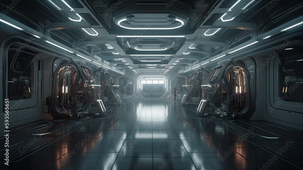 Futuristic Architecture Sci-Fi Corridor Interior in Space Station with Earth Planet View, 3D Rendering. Generative AI illustration Futuristic Architecture Sci-Fi Corridor Interior in Space Station with Earth Planet View, 3D Rendering. Generative AI illustration