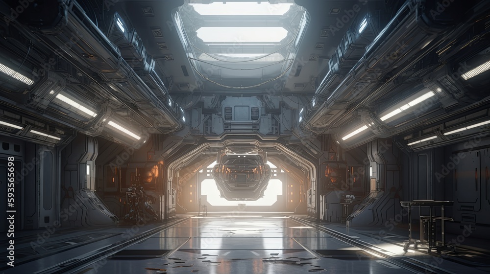 Obraz premium Futuristic Architecture Sci-Fi Corridor Interior in Space Station with Earth Planet View, 3D Rendering. Generative AI illustration