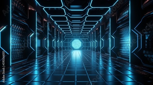 Fototapeta Naklejka Na Ścianę i Meble -  Science fiction space station illustration with dazzling  lighting. Generative AI