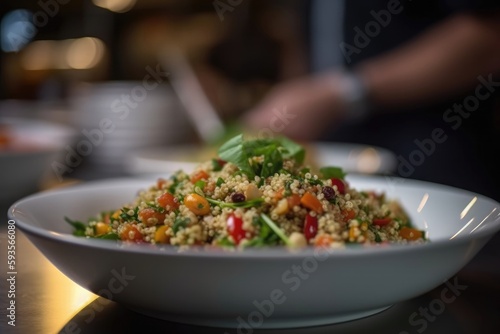 Vegan Quinoa Salad Defocused Chef In The Background. Generative AI
