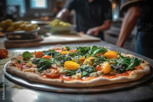 Vegan Pizza Defocused Chef In The Background. Generative AI