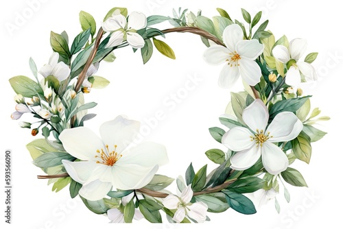 White Flowers Wreath With White Circle. Generative AI © Anastasiia