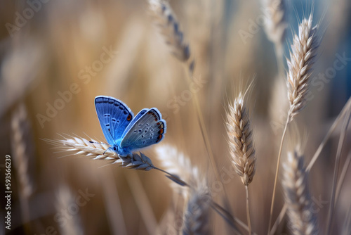 A blue butterfly is on a leaf in a field of tall grass. Generative AI