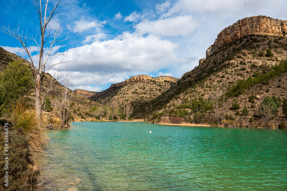 The green water of Las Balagueras reservoir in Rubielos de Mora Teruel Aragon Spain