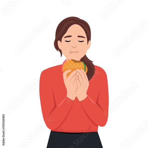 Beautiful woman with closed eyes is eating a cheeseburger. Fastfood. Flat vector illustration isolated on white background