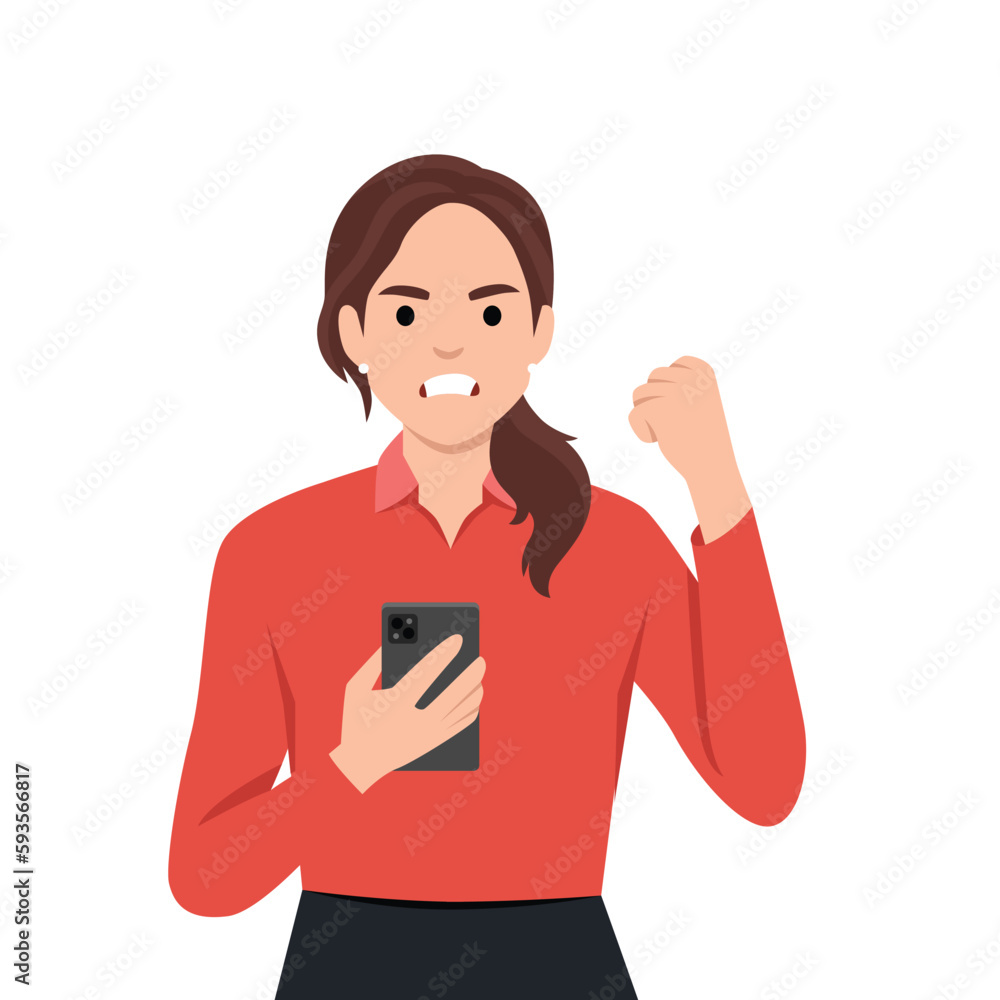 Angry businesswoman speaking on smartphone and shouting or screaming and raising fist gesture. Technology. Flat vector illustration isolated on white background Angry businesswoman speaking on smartphone and shouting or screaming and raising fist gesture. Technology. Flat vector illustration isolated on white background
