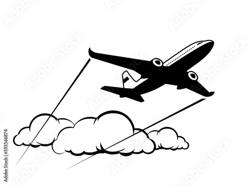 Plane above clouds. Silhouette airliner flying in sky. Vector icon on transparent background