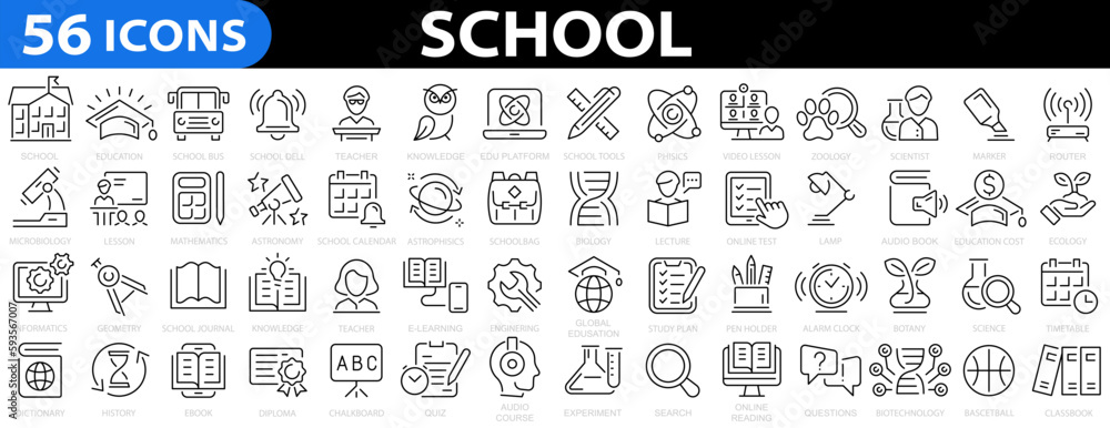 School 56 icon set. Education and back to school. Students and teacher icons. Thin line icons set. Education and knowledge symbol. Outline icons collection.