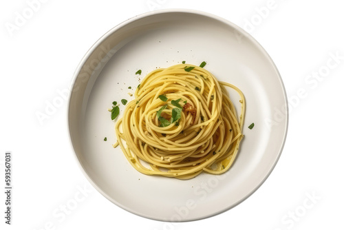Spaghetti Aglio E Olio On White Plate, Top View On An Isolated Transparent Background, Png. Generative AI photo