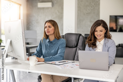Two professional business people working together in office