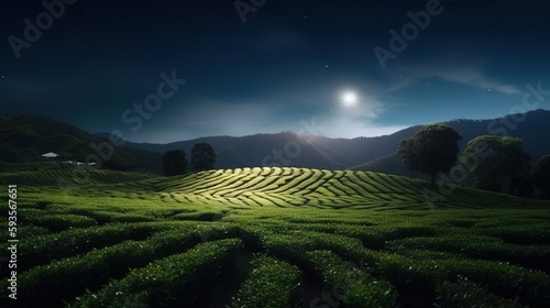 A Breathtaking View of Moonlit Tea Fields Against the Majestic Backdrop of the Starry Night Sky. Generative ai