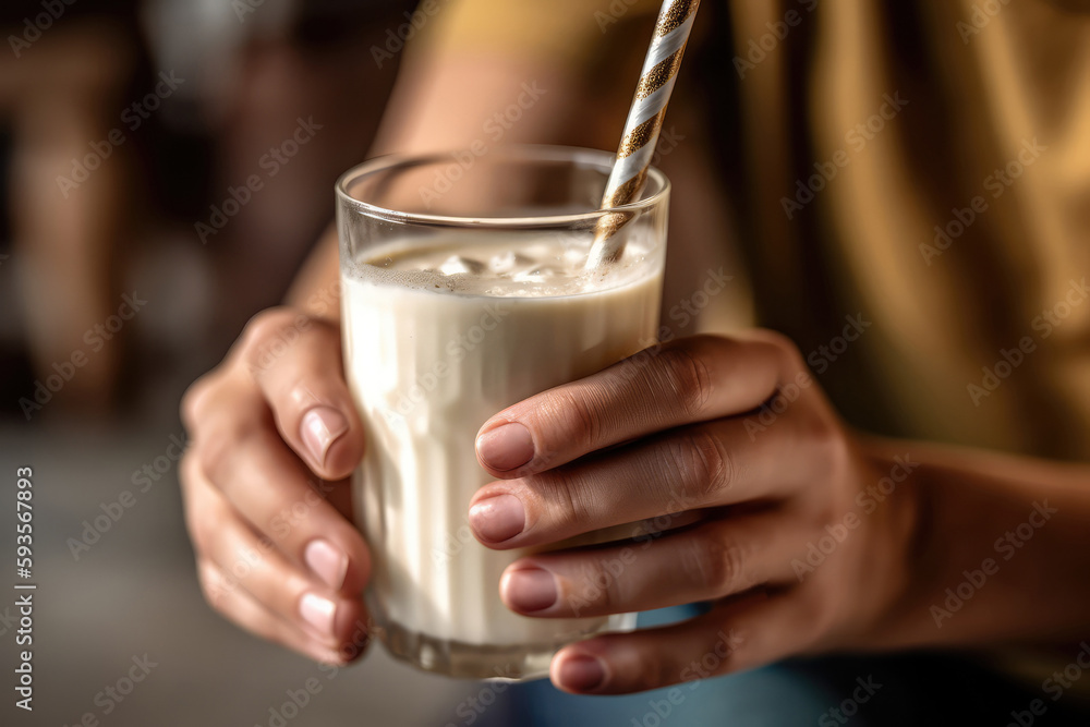 Hand Holding Glass Of Hemp Milk With Straw. Generative AI Hand Holding Glass Of Hemp Milk With Straw. Generative AI