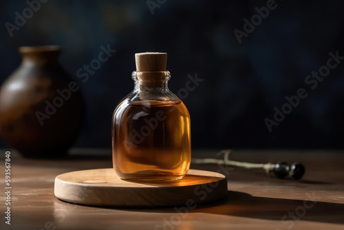 Bottle Of Emulsifier Sitting On Wooden Plate, Organic And Natural. Generative AI