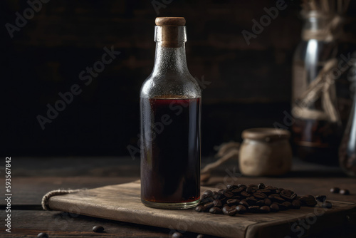 Bottle Of Cold Brew Coffee On Wooden Table. Generative AI