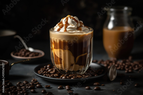 Glass Of Cold Brew Coffee With Whipped Cream And Caramel. Generative AI