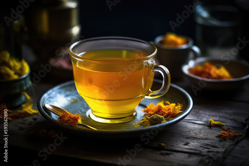 Cup Of Turmeric Tea On Wooden Table. Generative AI