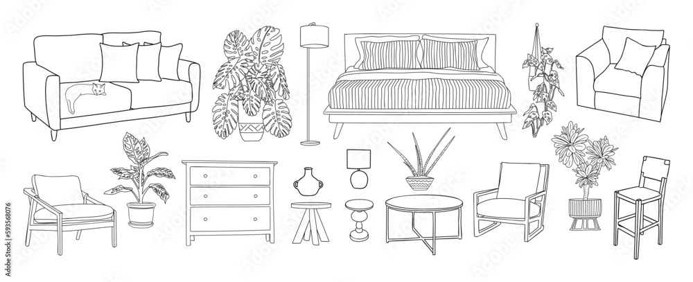 Collection of elegant modern furniture and home interior decorations of trendy Mid Century modern retro 70s t style hand drawn black sketch on transparent background. Monochrome vector illustration. - obrazy, fototapety, plakaty 