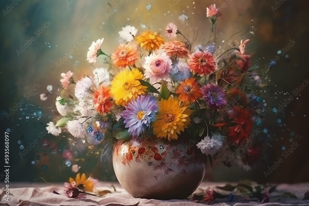 Vibrant Floral Arrangement in a Colorful Vase