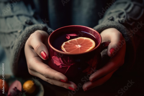 Person Holding Mug Of Hibiscus Tea With Lemon. Generative AI
