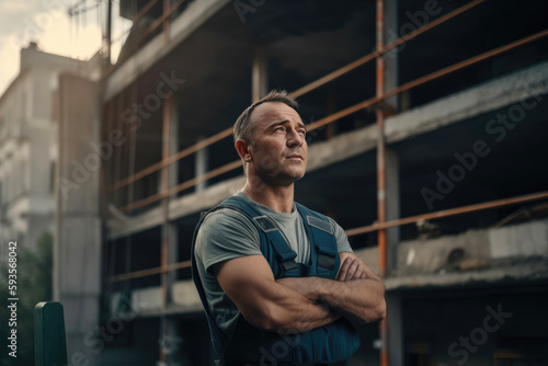 Portrait of confident handsome male construction worker with crossed arms. Generative AI