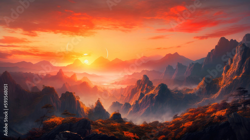 Beautiful sunrise over the mountain range. Generative AI