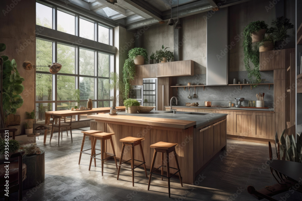 Kitchen room filled with furniture and an island. Generative AI Kitchen room filled with furniture and an island. Generative AI