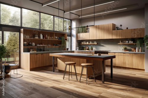 Modern wooden kitchen with island. Generative AI