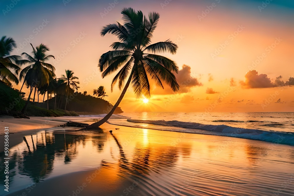 Romantic sunset on a tropical beach with palm trees, coconut trees. Generative AI