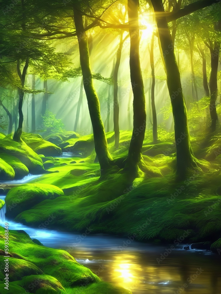 Obraz premium Stream and green woodland in the sunlight. 