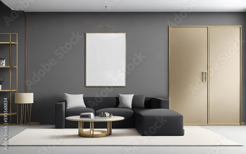 Living room wall with a mock poster frame. Modern background with a luxurious apartment. Generative AI.