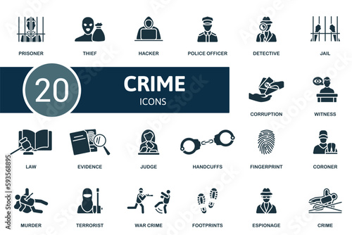 Crime set. Creative icons: prisoner, thief, hacker, police officer, detective, jail, corruption, witness, law, evidence, judge, handcuffs, fingerprint, coroner, murder, terrorist, war crime