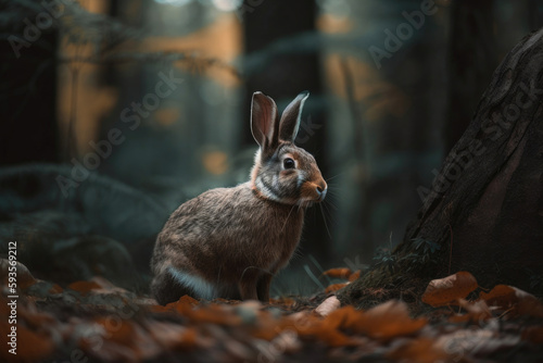 Rabbit in a forest with colorful autumn leaves. Generative AI © Andrii 