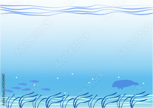 Blue sea background. Silhouette of a manatee and a school of young fish swimming over an eelgrass bed.