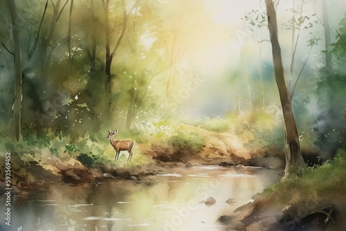 Gentle Encounter: A Watercolor Painting of a Deer by a River in a Forest