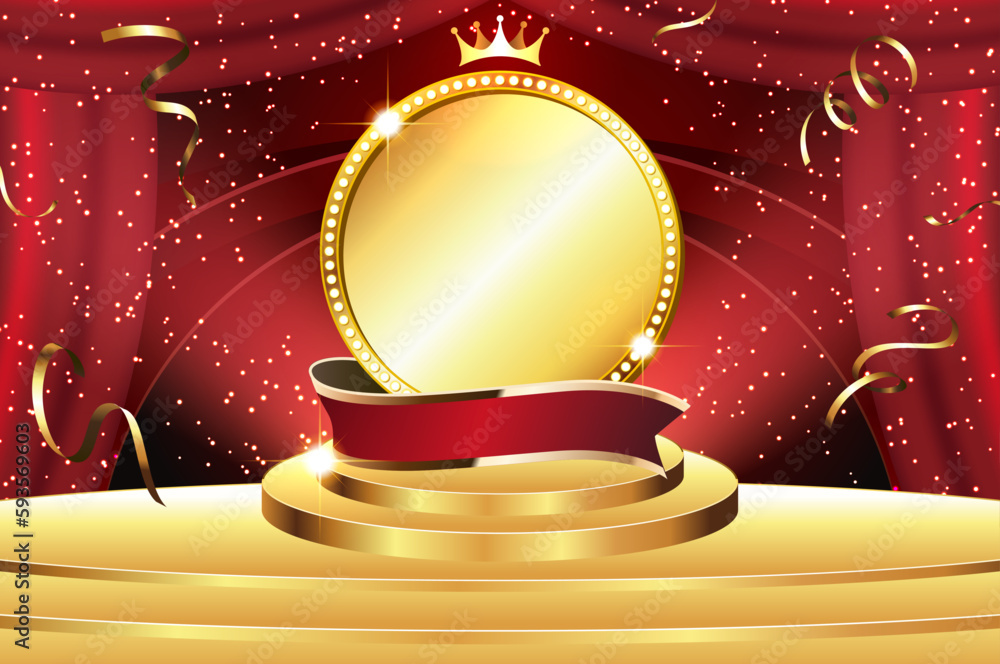 Golden stage and gold medal background illuminated by spotlights Stock